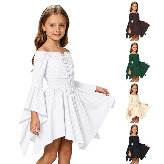 Afdoent Girls Dresses Casual Off Shoulder Ruffle Dress for Girls with Tie Straps Classic