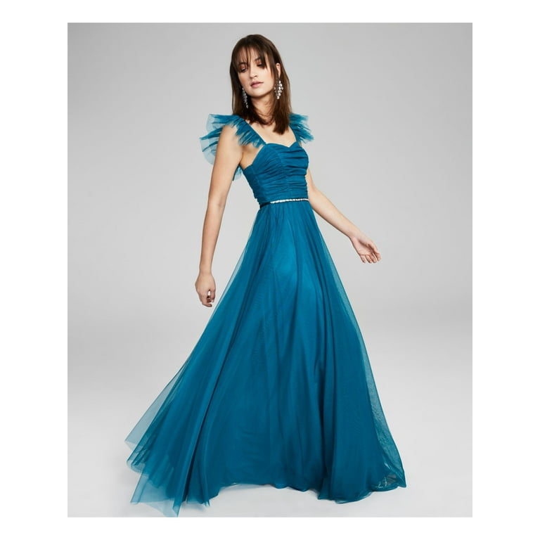CITY STUDIO Womens Teal Ruffled Ruched Zippered Sweetheart Neckline Full Length Prom Gown Dress Juniors 3