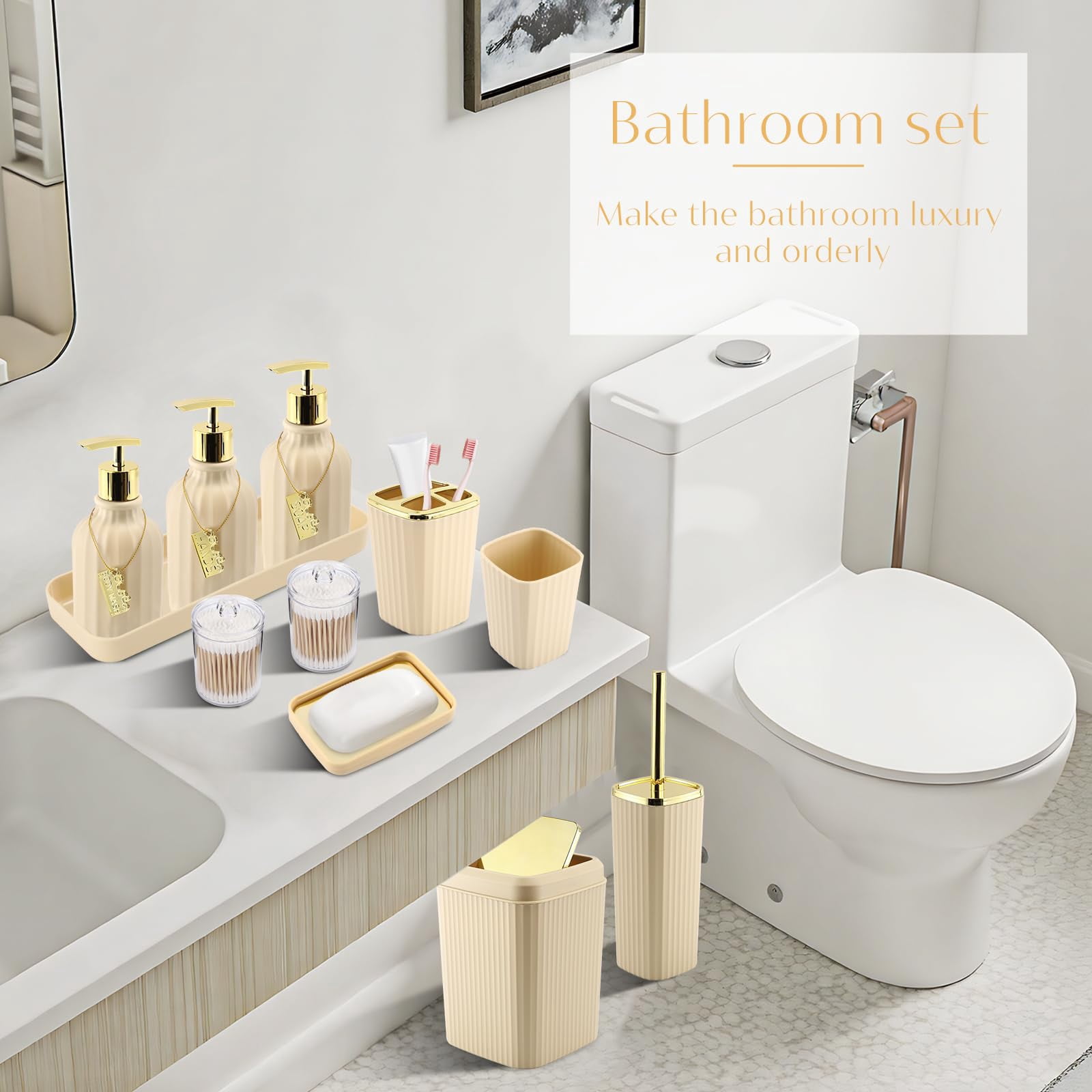 17PCS Bathroom Accessories Bathroom Set Black Bathroom Accessories,Toilet Brush, Trash Can, Qtip Holder Dispenser& 3PCS Soap Dispenser