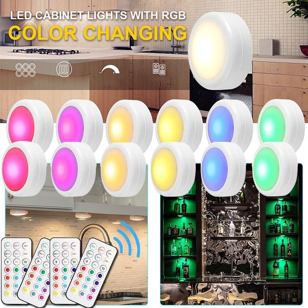 Paquete de 12 luces LED RGB de 16 colores regulables al tacto para gabinete, luz nocturna, iluminación para gabinete, luces debajo de la unidad (funciona con baterías), con control remoto