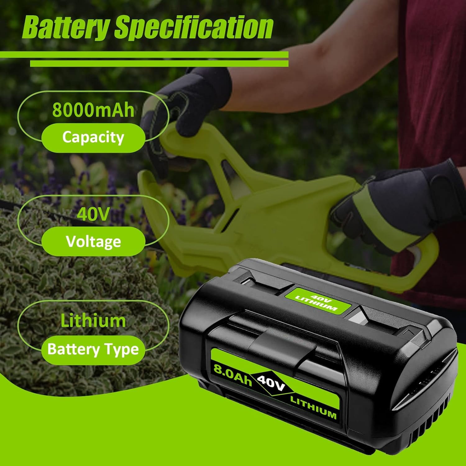 1 Pack 40V 8.0Ah Replacement for Ryobi Battery Compatible with Ryobi 40v Battery Fits for Ryobi Battery 40v OP4060 OP4015 OP4026 OP40201 OP40261 OP4030 OP4040 OP40401 OP4050 Long-lasting Battery