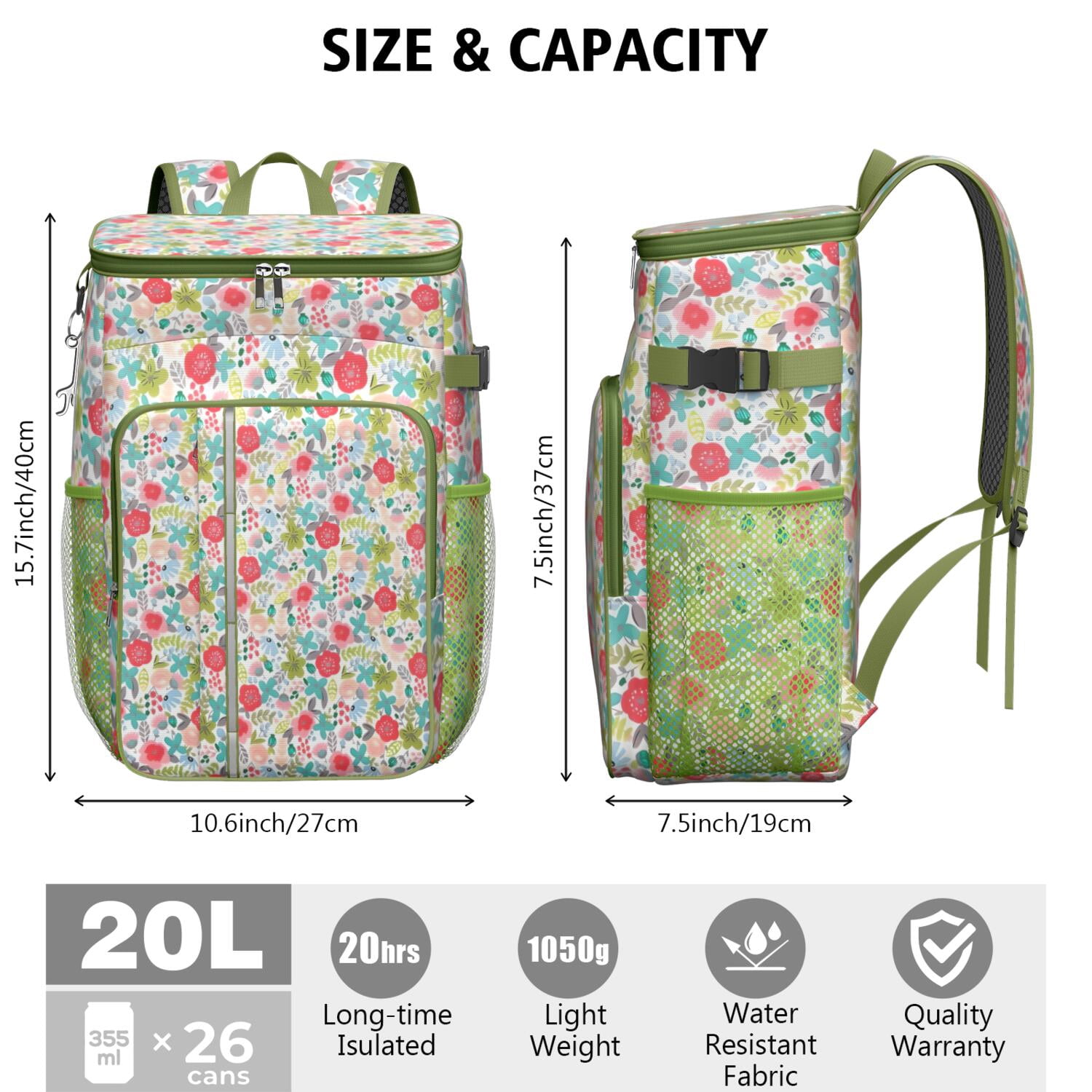 Travel Cooler Bag - Pioneer Flower Floral Print Pattern Camping Beer Cooler Backpack with Bottle Opener- Waterproof Insulated Picnic Backpacks - Cooler Bag for Beach