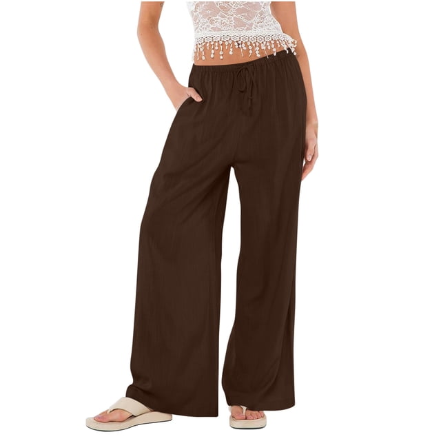AherBiu Pantalon de Détente Décontracté pour Femme, Léger, en Coton et Lin, à Jambe Grand, avec Poches, Grand