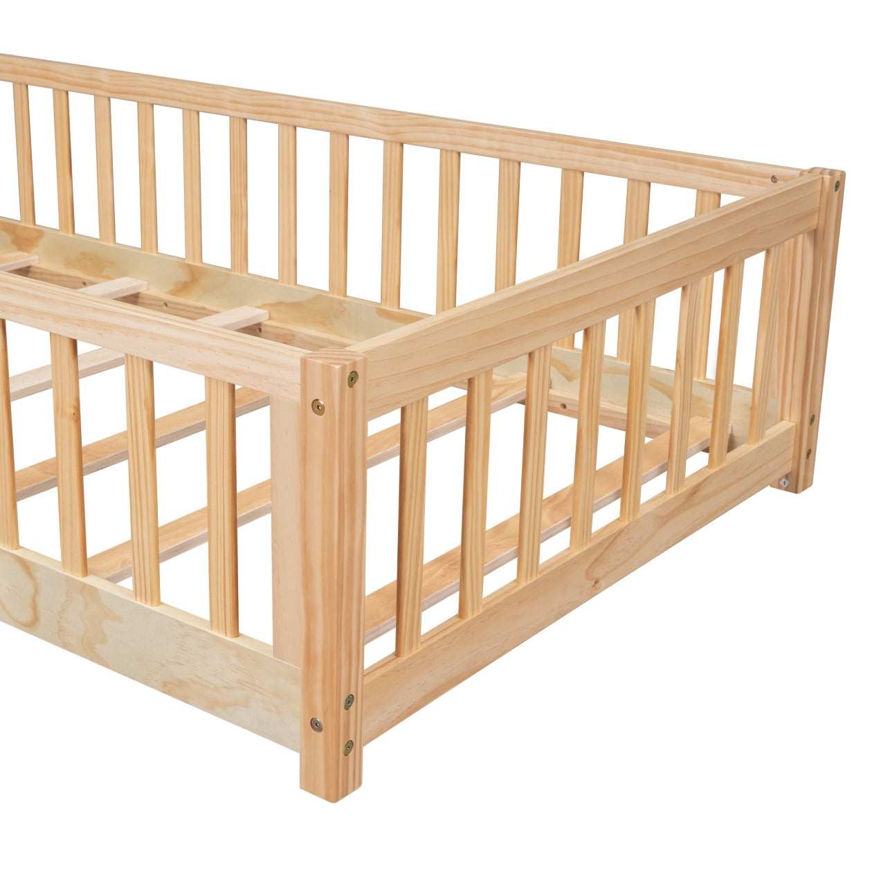 Twin Montessori Playpen Floor Bed Frame with Safety Guardrail Fence and Door, 79.5x41.8x17.5inch, Natural