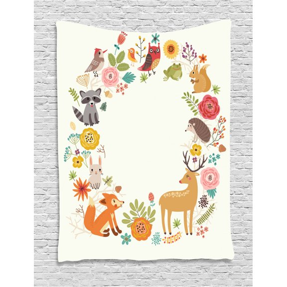 Forest Tapestry, European Forest Fauna and Flora with Deer Fox Raccoon and Roses Cartoon Wildlife, Wall Hanging for Bedroom Living Room Dorm Decor, 60W X 80L Inches, Multicolor, by Ambesonne