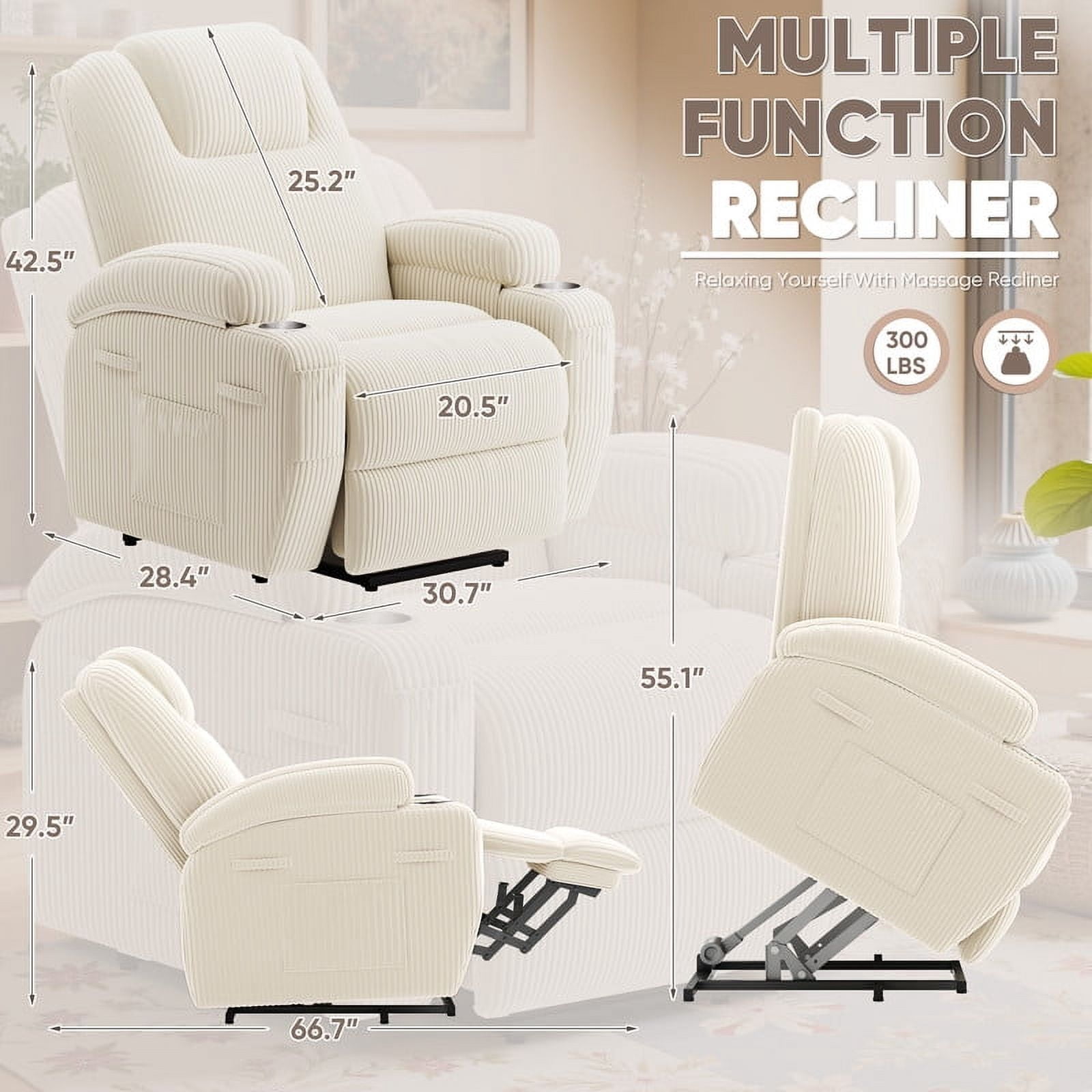 Homall Power Lift Recliner Chair with Massage for Living Room Recliner Chair for Elderly with Infinite Position Side Pocket and Saucer,Corduroy Beige