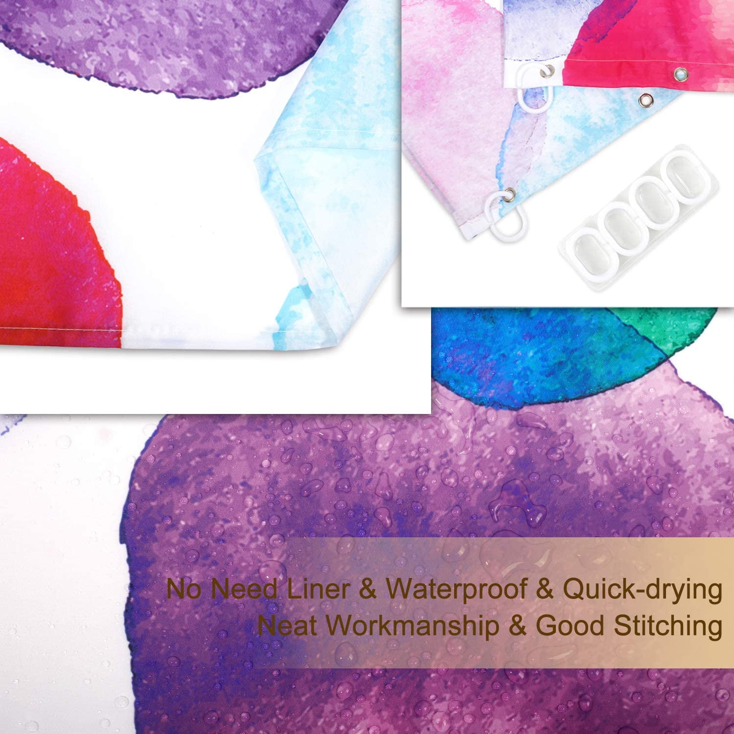 Kids Shower Curtain Set with 12 Hooks, Watercolor Polka Dot Circles Shower Curtain, Waterproof Washable Decor Bathroom Bubble Shower Curtain, 72 x 84 inches, Purple and Orange and Blue
