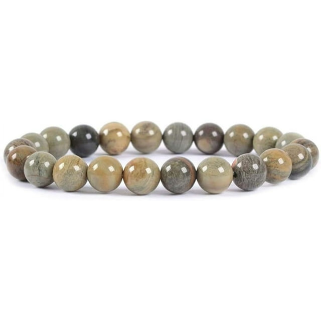 Bracelet Extensible Unisexe en Perles Rondes de 8 mm en Jaspe Feuille d'Argent Naturel