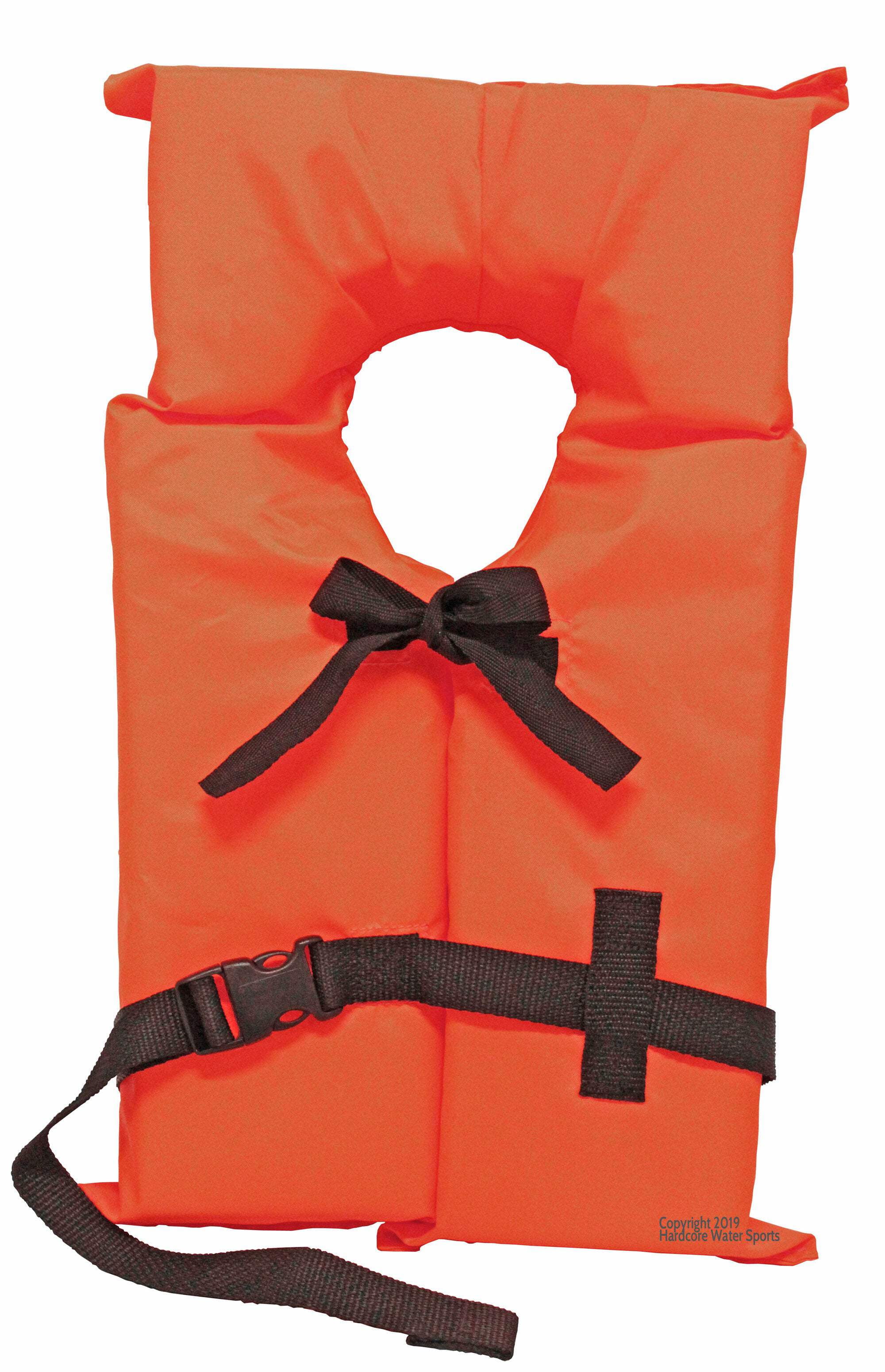 Hardcore Water Sports Hardcore Coast Guard approved life jackets for adults.  High visibility neon orange color type II keyhole life vest in classic May West style. Compliance life vests and flotation