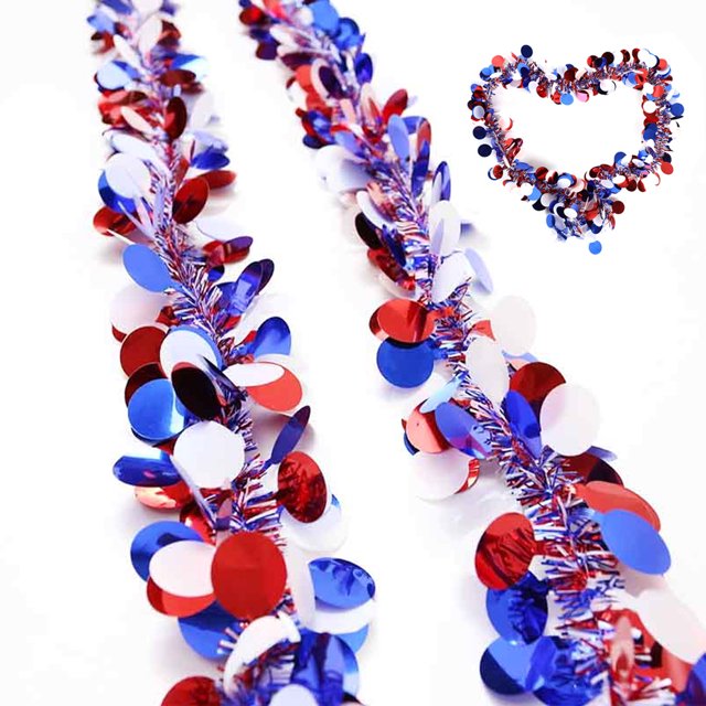 Guirnalda patriótica de 10 m, paquete de 5, decoraciones para el Día de los Caídos, adornos de guirnalda roja, blanca y azul, guirnalda metálica para la decoración del 4 de julio, Día de la