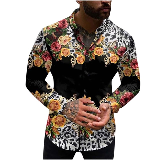 camisa de blusa de manga larga con estampado de moda de primavera y otoño para hombre odeerbi odb-6 camisa negra con panel floral amarillo y rosa en pecho y mangas, inserciones de animal print en hombros y bajo, vista frontal centrada de torso masculino con cuello O y botones, material: algodón indicado como transpirable y elástico, estilo casual para fiestas y uso diario; a menudo usada como camisa ligera de capa para salidas informales.