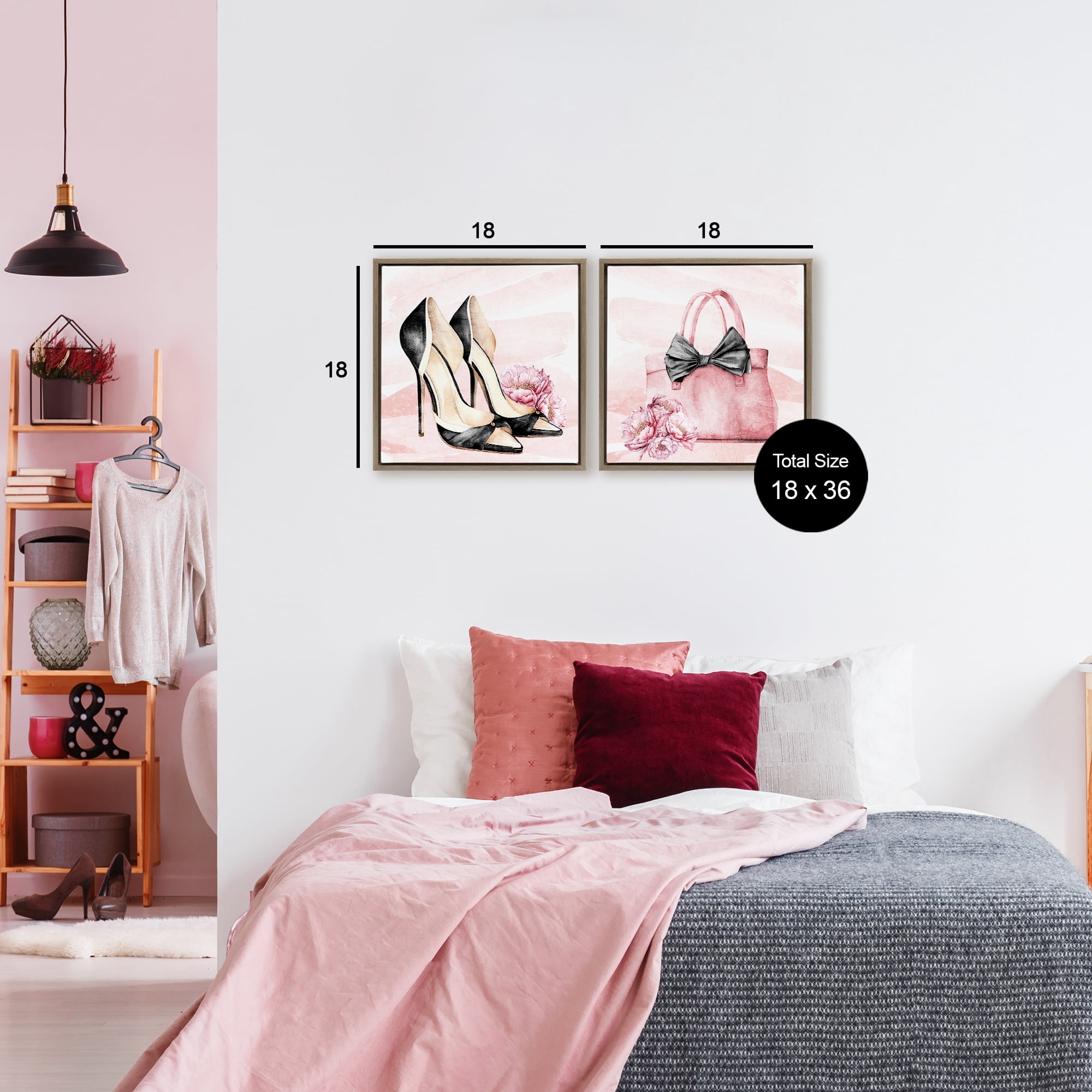Stupell Industries Rosy Glam Time Shoes 2 Piece Brown Framed Floater Canvas Set, design by Kim Allen
