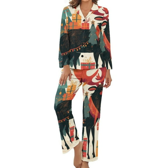 Colorful Christmas Deer Women's Long Sleeve Flannel Pajama Set Sleepwear S