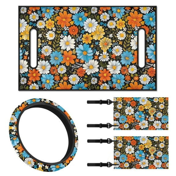 Jeiento Golf Cart Seat Cover 4 Piece with Steering Wheel Cover and Golf Cart Flags Daisy Golf Cart Seat Towel Blanket Steering Wheel Cover Decorations 2PCS Mini Golf Cart Flags