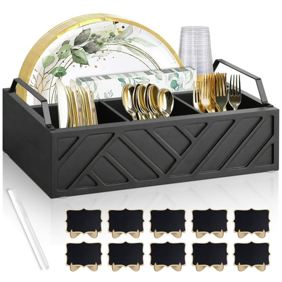 Paper Plate Dispenser and Holder for Kitchen Counter, Wood Rustic Silverware Utensil Caddy, Black Cutlery Flatware Organizer Box for Cups Spoons Forks Napkins, Kitchen Accessories