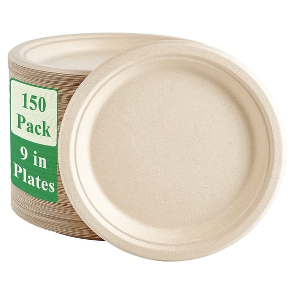 Platos de papel Vplus, 150 unidades, 23 cm, 100% caña de azúcar compostables