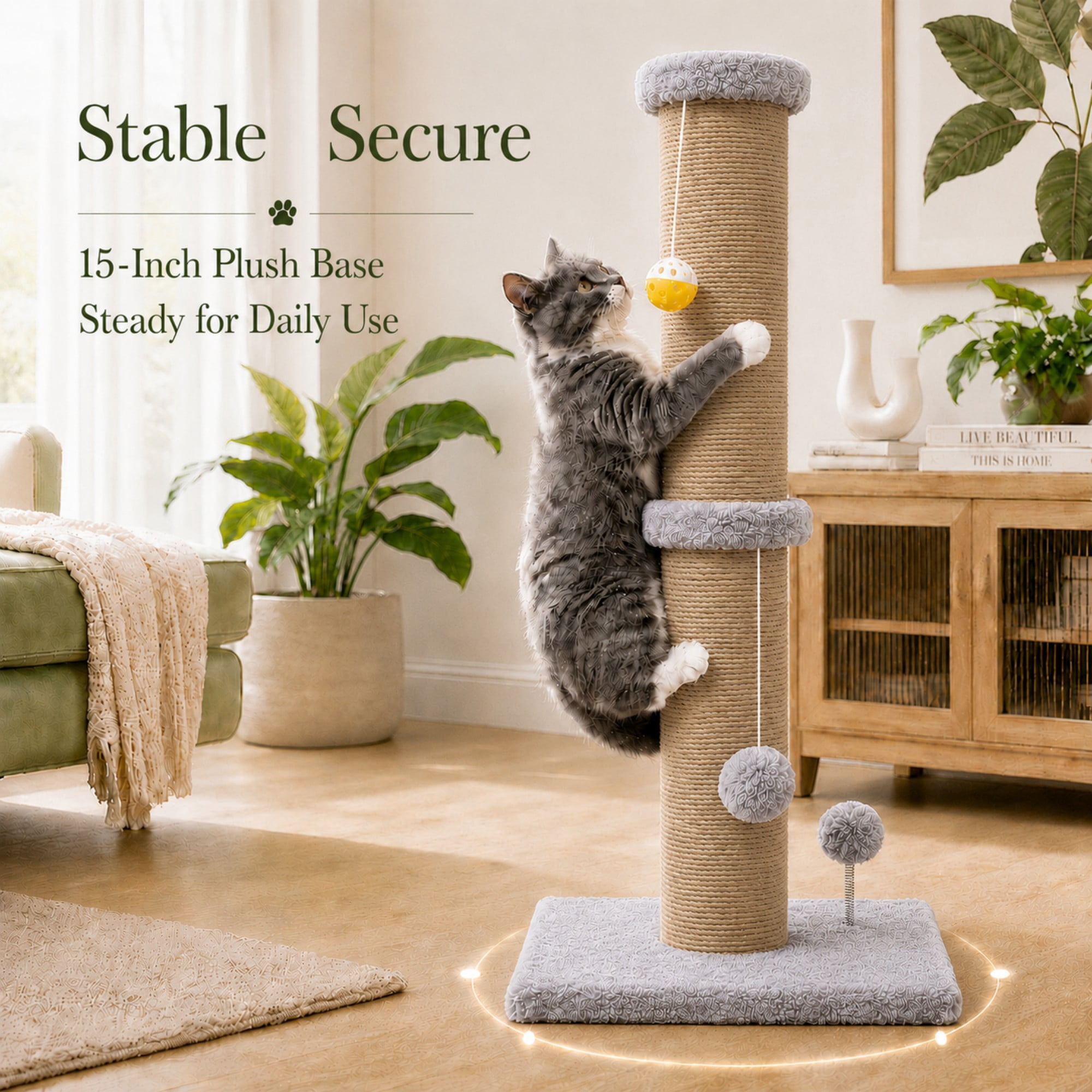 PELUOMOZ 5-Inch Thick Sisal Cat Scratching Post with Top Platform and Extra-Stable Base, Gray