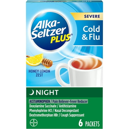 Alka-Seltzer Plus Night Severe Cold & Flu, Honey Lemon Fast Relief Mix-In Packets, 6 (Best Honey For Colds)