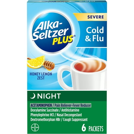 Nighttime Cold Plus Honey - Alka-Seltzer Plus Night Severe Cold & Flu, Honey Lemon Fast Relief Mix-In Packets, 6 Count