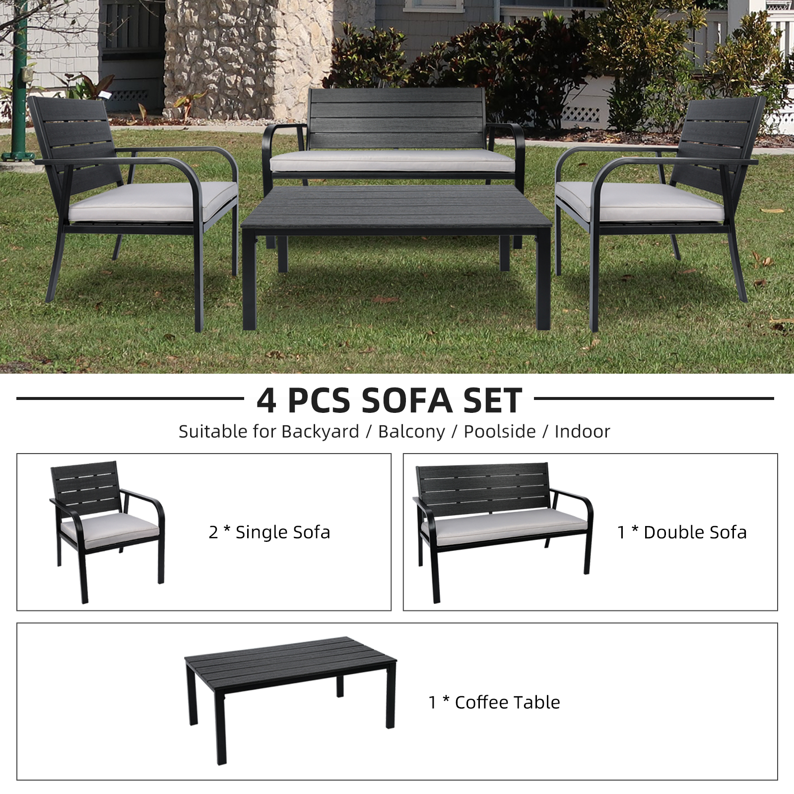 OWSOO 4 Pieces Patio Garden Sofa Conversation Set Wood Grain Design PE Steel Frame Loveseat All Weather  Furniture Set with Cushions Coffee Table for Backyard Balcony Lawn Black and Grey - image 3 of 7