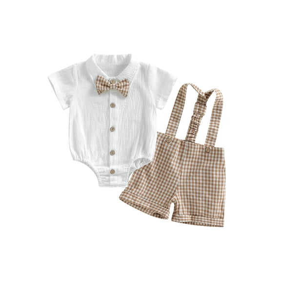 Loicainy Infant Baby Boy Gentleman Clothes Set 3 6 9 12 18 Month Short Sleeve Bow Tie Romper with Plaid Suspender Shorts Summer Outfit