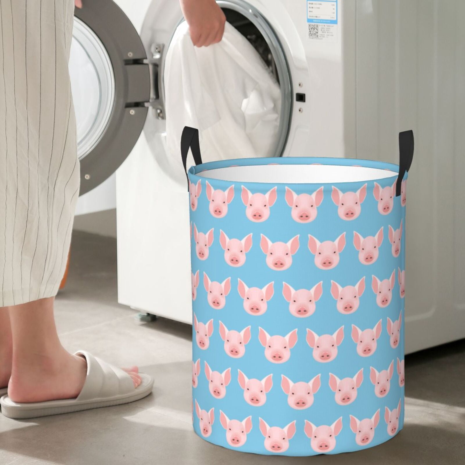 Large Laundry Basket with Handles - Modern Cute Cartoon Pig Kids Baby Dirty Clothes Laundry Hamper for Bedroom Aesthetic