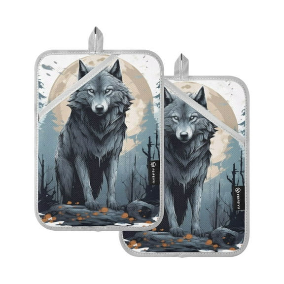 ALAZA Wolf in Forest Pot Holders Set of 2 Heat Resistant Kitchen Oven Mitts