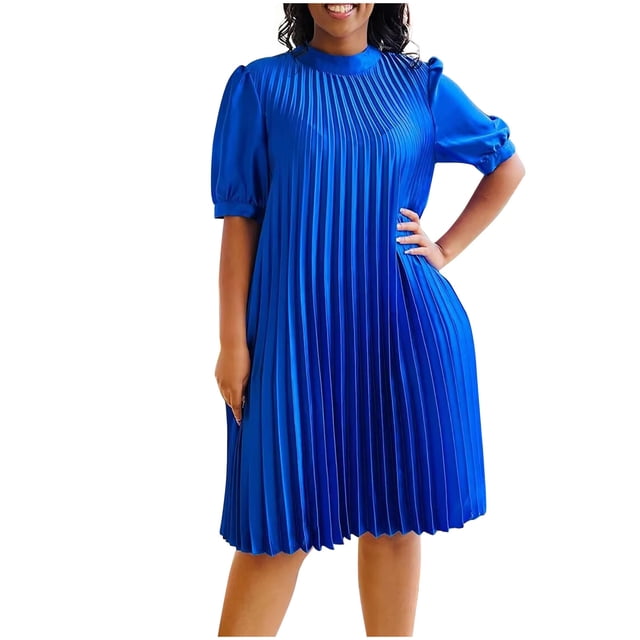 Robe à Manches Bouffantes pour Femmes Mode Couleur Unie Col Rond Tempérament Robe à Manches Bouffantes Plissée