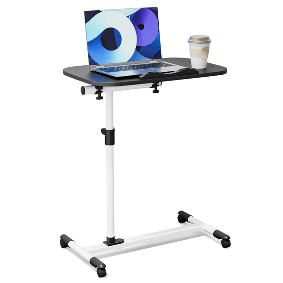 MoNiBloom Rolling Desk Mobile Portable Laptop Stand 360° Rotatable Panel Adjustable Height 59''-89'' Overbed Sofa Table Cart, White
