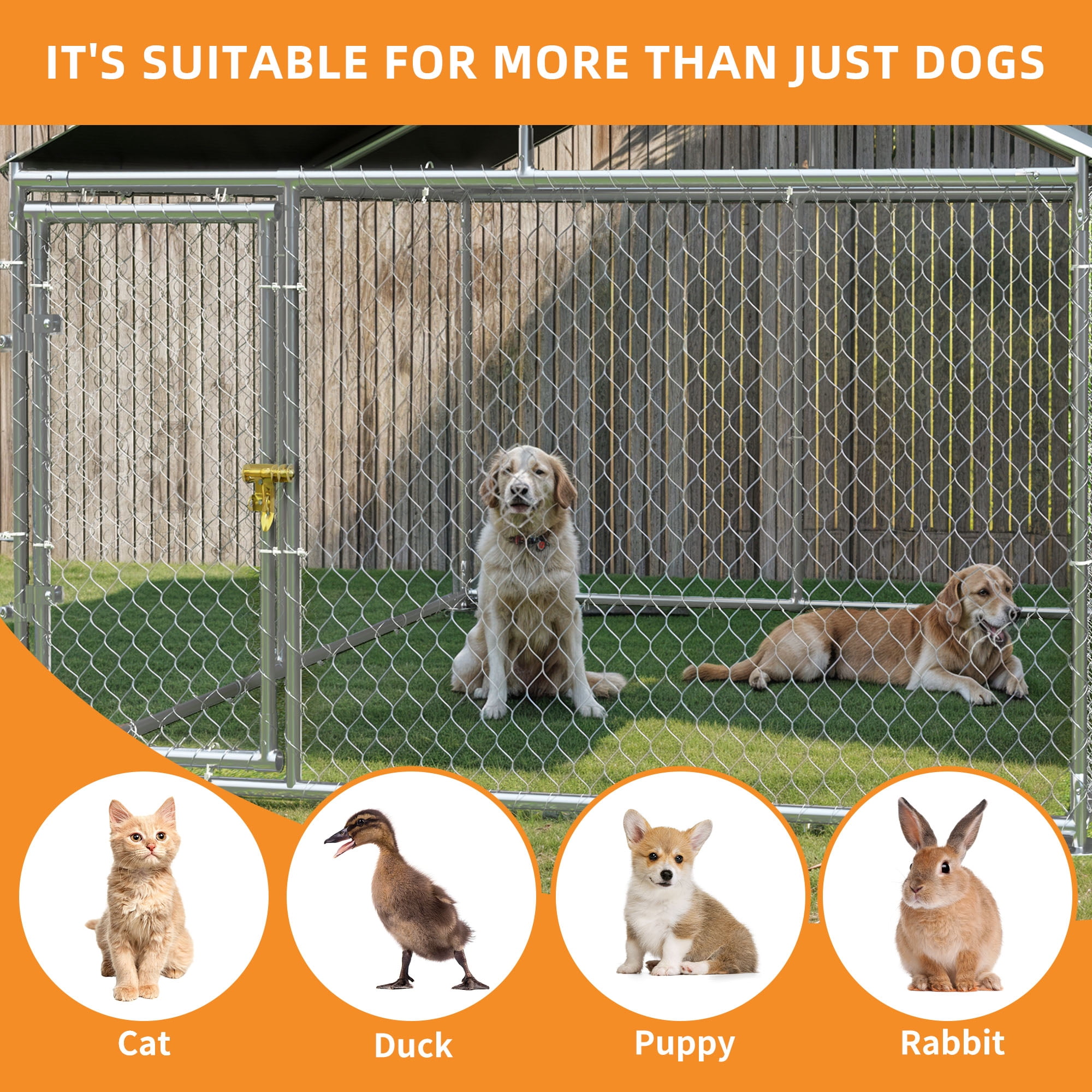 Dextrus 10'x10' Outdoor Dog Kennel with Metal Dog Gate, Outdoor Dog Enclosure with Roof, Heavy Duty Dog Kennel for Outdoor Backyard Farm
