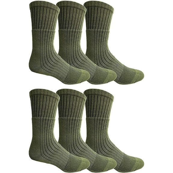 6 Pairs Of Mens Military Grade Thick Padded Terry Lined Cotton Socks, Ribbed, Dry Wicking, Heavy Duty Crew Sock Green