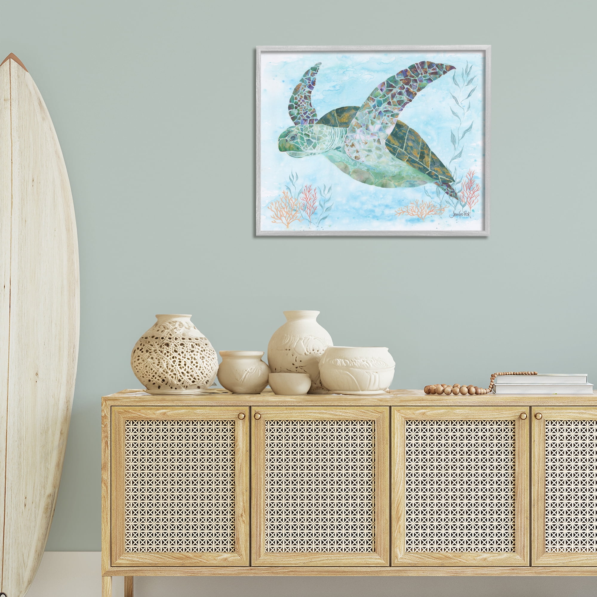 Stupell Industries Mosaic Tortoise Underwater Animals & Insects Painting Gray Framed Art Print Wall Art, 30 x 24