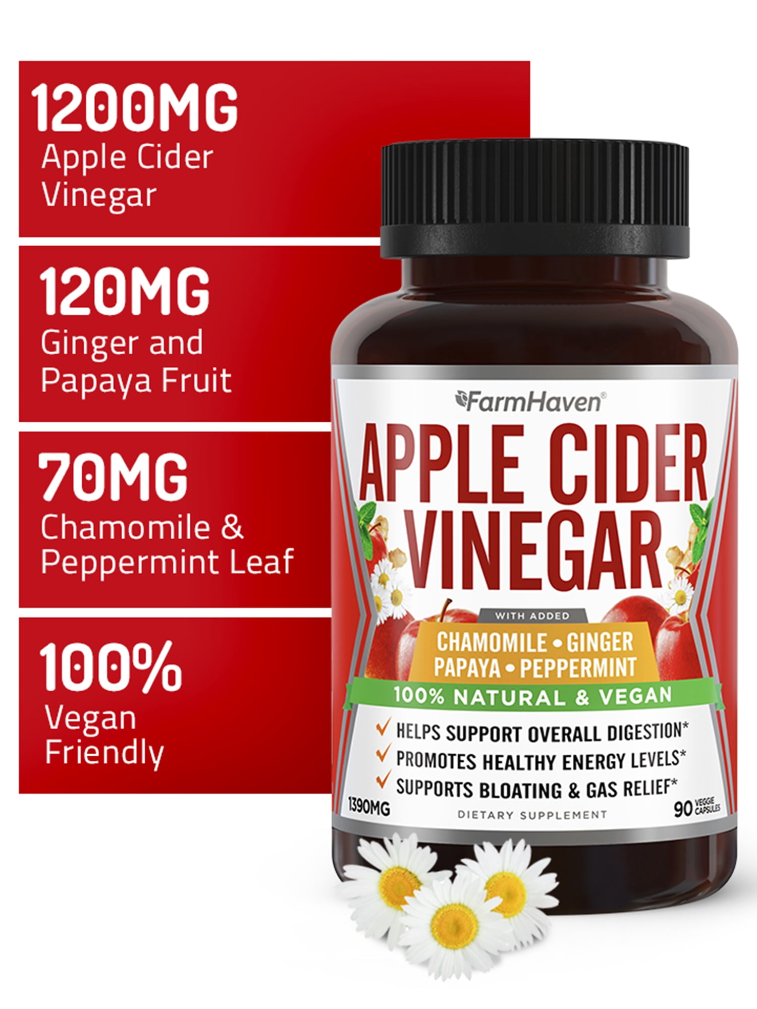 Apple Cider Vinegar Capsules With Ginger, Papaya & Chamomile | 1390mg | Improves Digestion, Energy, Immunity | Soothes Gas & Bloating Issues | Like With Mother | Non-GMO & 100% Natural | 90 Capsules