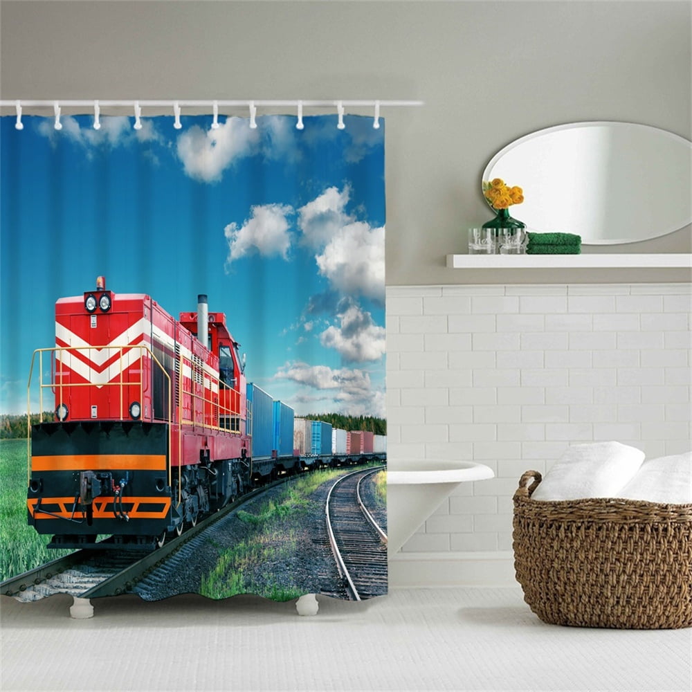 Train Shower Curtain With Hooks Trains Multicolor Red Train Railway
