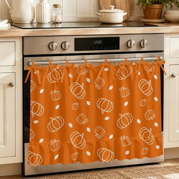 Fall Oven Skirt Curtain 32"Wx24"L,Waterproof Ruffled Stove Cover Skirt with 8 Ribbon Ties,Burnt Orange Pumpkin Thanksgiving Maple Leaf Decorative Oven Door Curtains Drapes for Kitchen Cabinet Storage