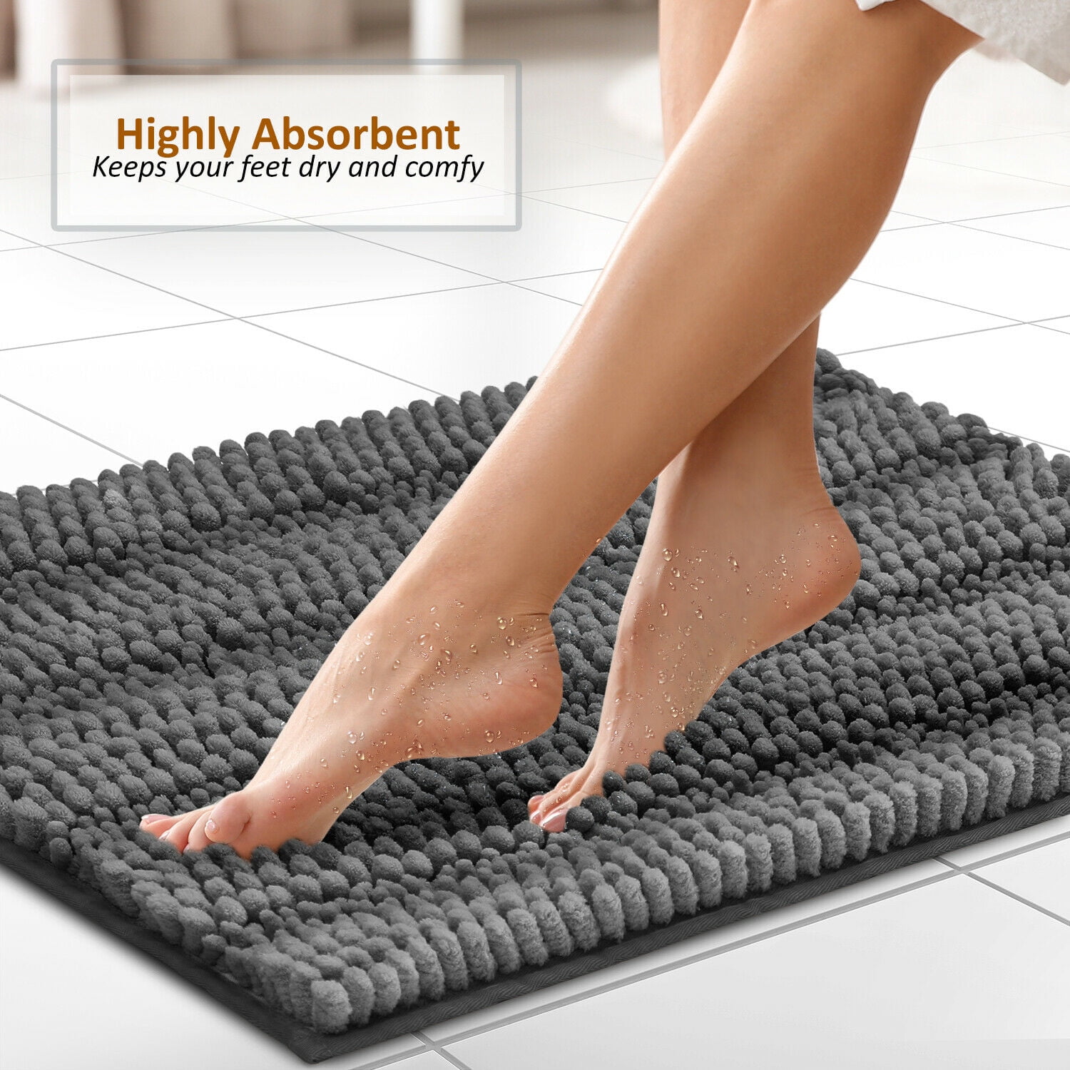 3 Pieces Bathroom Rugs Set Ultra Soft Non Slip and Absorbent Chenille Bath Rug, Gray Plush Bath Mats for Tub, Shower, Bathroom