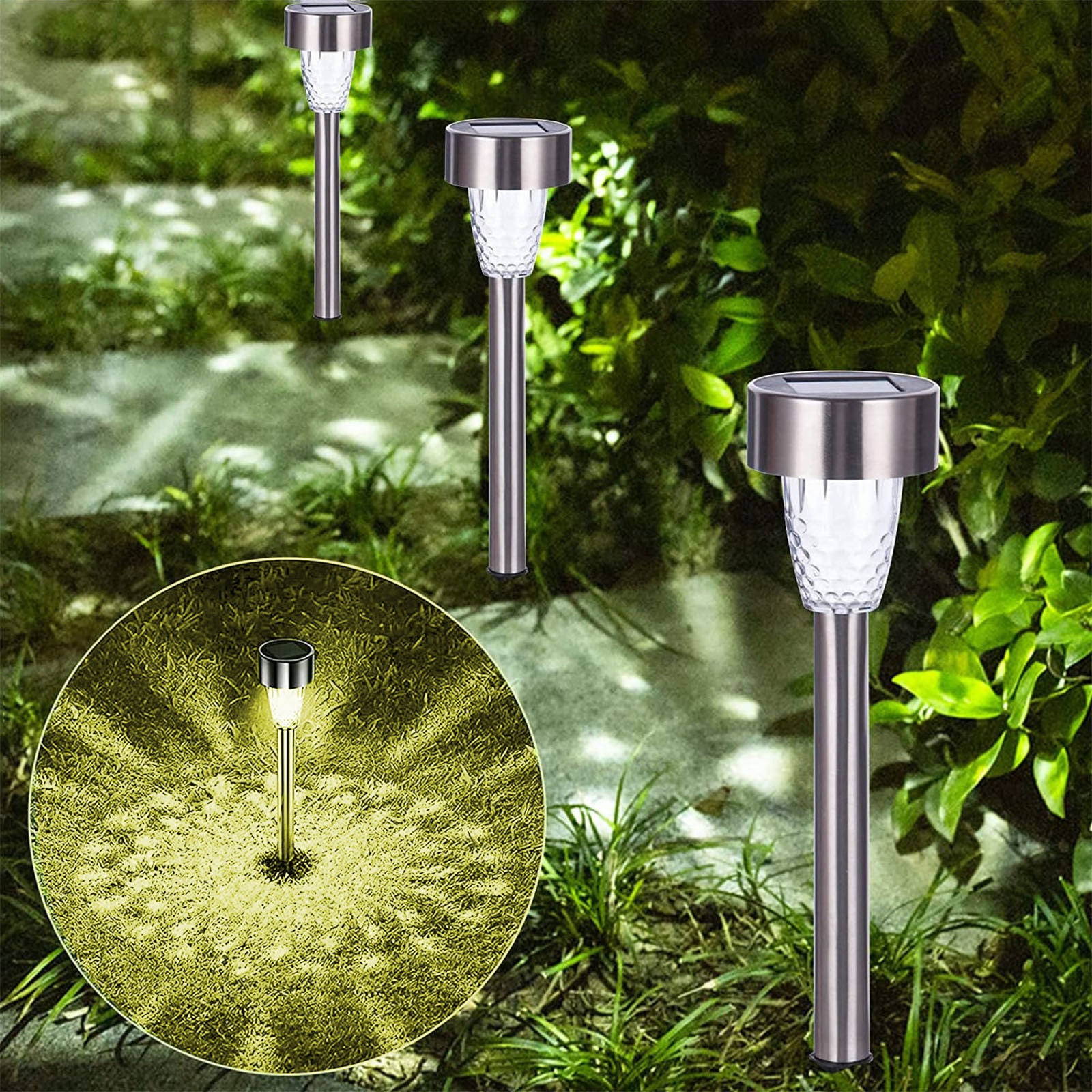 CasaChic Solar Outdoor Lights 10 Pack, Stainless Steel LED Garden Lights, IP65 Waterproof 3 Light Colors (White/Warm/Colored), 20% Conversion Rate Auto On/Off, Patio Yard Decorative Lighting
