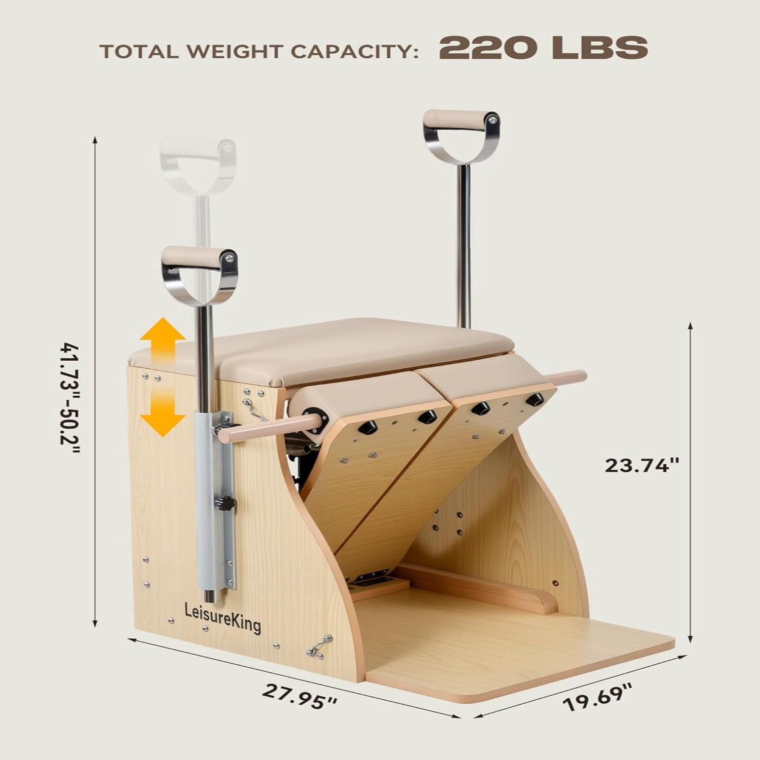 LeisureKing Pilates Chair,Combo Chair with Handles for Home Workouts, Split Pedals Yoga Fitness Trainer, Easy Assembly Pilates Reformer Machine for Studio, Gym, Pilates Workout, Beige