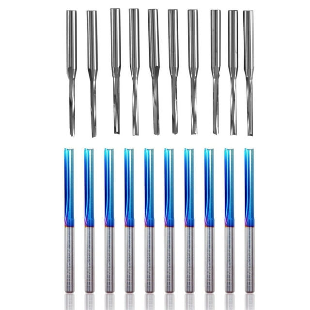 10 Pcs Two Flutes Straight End Mills Straight Slot Bit &10Pcs 3.175 Shank Blue Coated Straight End Mill 2 Flute,10 x CNC Router Bits 10 x Straight End Mill,Silver & blue