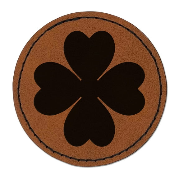 Four Leaf Clover Lucky Solid 2.5" Faux Leather Round Engraved Iron-On Patch - Brown