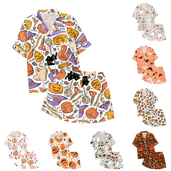 HAYIMI Kids Children Leisure Halloween Printed Button Lapel Collar Short Sleeved Tops Shorts Pajama Set Homewear, 8-9 Years