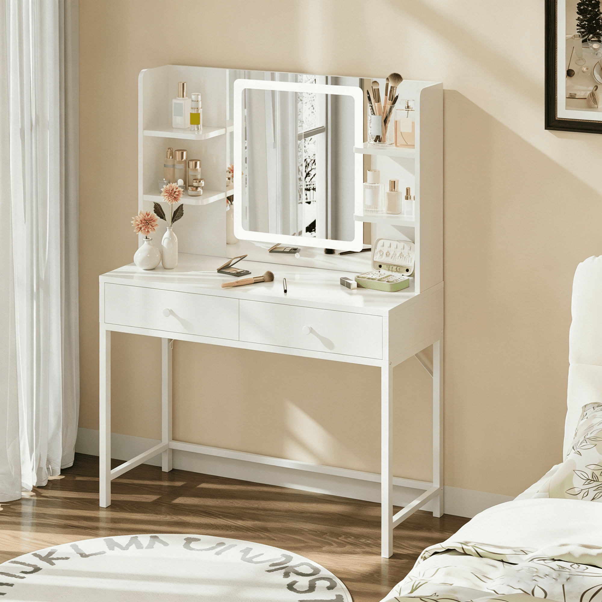 Lofka White Makeup Vanity Desk, LED Lighted Mirror Vanity Table with Adjustable Light, Storage Drawers & 4 Open Shelves for Bedroom