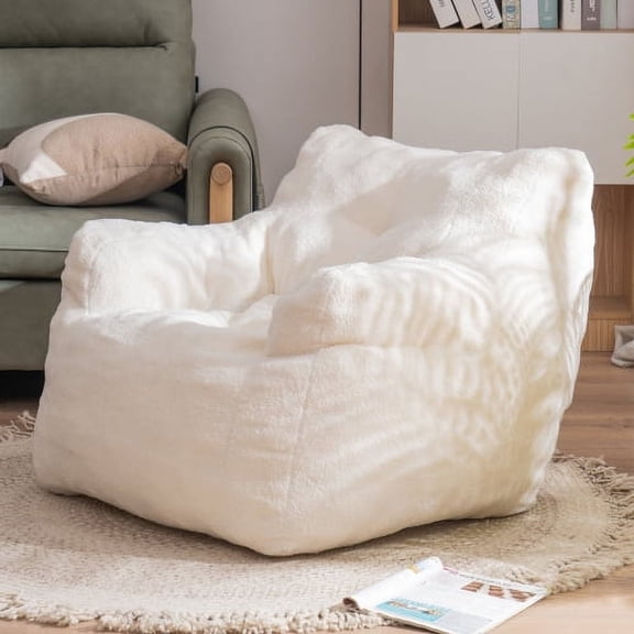 39" Soft Teddy Fabric Bean Bag Chair, Lazy Sofa With Memory Foam Filled, Lounge Chair With Ergonomic Support For Living Room, Ivory
