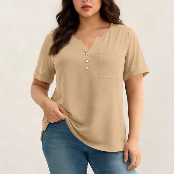 Womens T Shirts Loose New Women's Plus Size V-Neck Pocket Tee in Soft with Button Placket Style B-50 Khaki 3XL