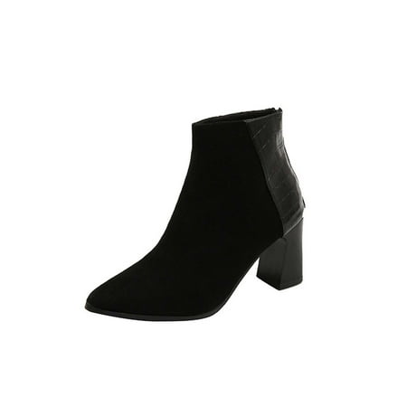 

Womens Block High Heels Patchwork Fashion Ankle Boots Fall Winter Classic Dressy Shoes Pointed Toe Platform Casual Short Booties