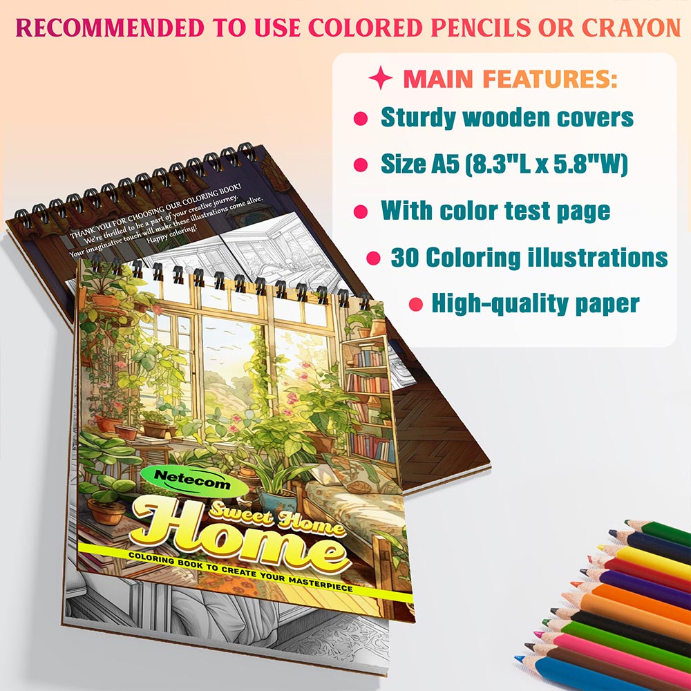 Home Sweet Home Coloring Book Spiral Bound For Adults, A5 Wooden Cover, 30 Heartwarming Coloring Pages of Family Homes and Cozy Spaces for Relaxation and Stress Relief