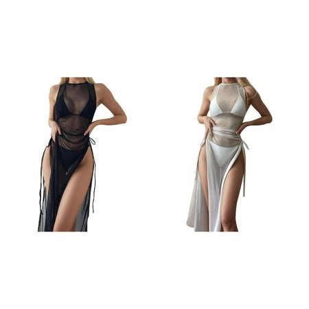 2-Pack Women Bikini Draped Front Drawstring Knot Mesh Cover Up Without Lingerie Hight Split Fork Dress Beach Wrap Bikini Shiny Wraps Cover Ups For Swimwear Cover Ups for Swimwear Women plus Size