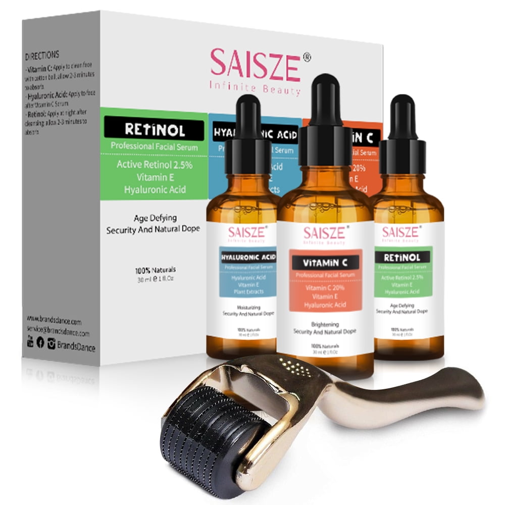 Saisze Anti Aging Face Serum, Face Skincare Kit Vitamin C Serum, Retinol Serum, Hyaluronic Acid Serum with Derma Roller, Perfect Gifts for Her