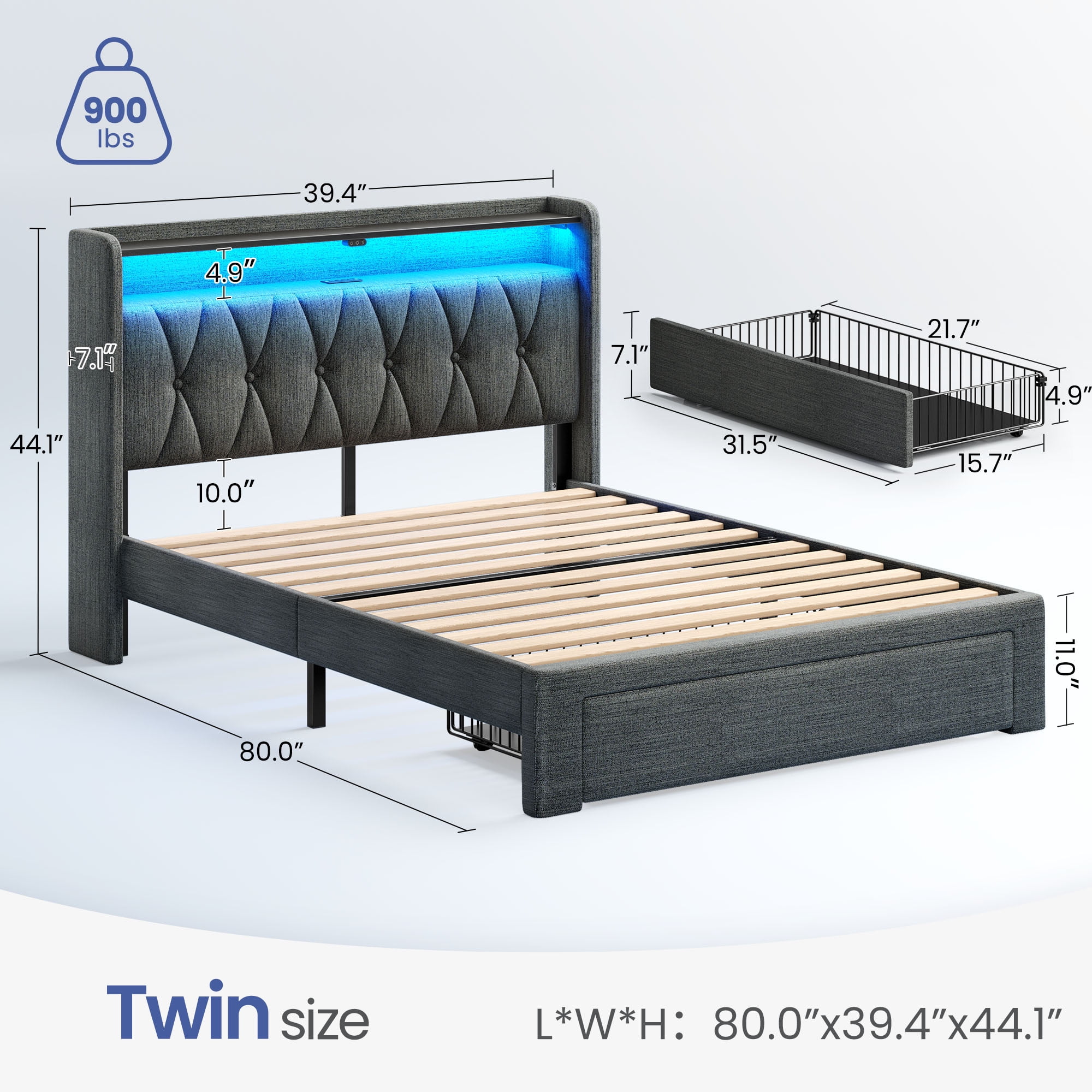 Greenstell Twin Bed Frame with Storage Drawers, Upholstered Bed with LED Light and Linen Fabric Storage Headboard, Dark Gray