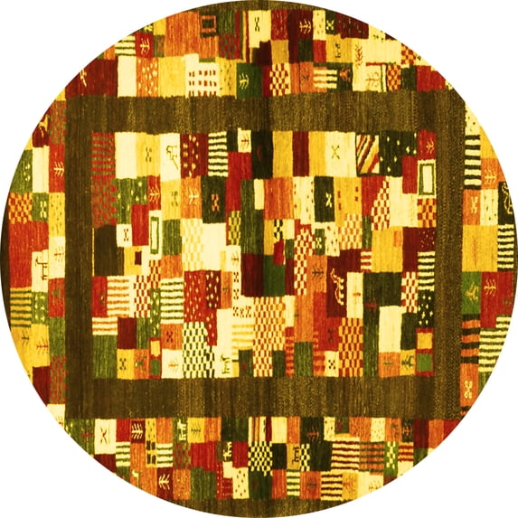 Ahgly Company Machine Washable Indoor Round Abstract Yellow Contemporary Area Rugs, 8' Round